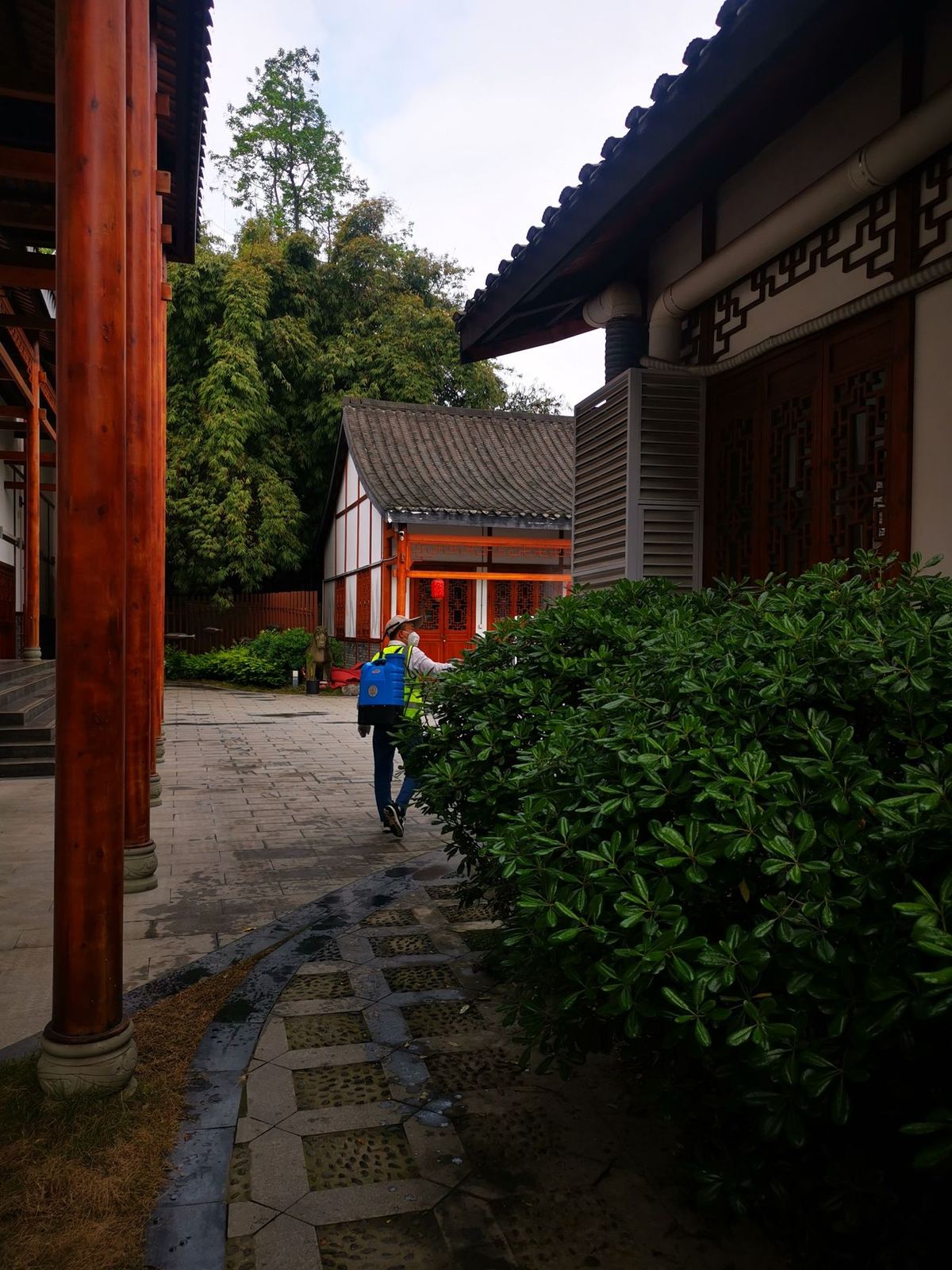快立克环保环境或建筑现场作业实拍:建筑门口及绿化灌木,有工作人员在远处